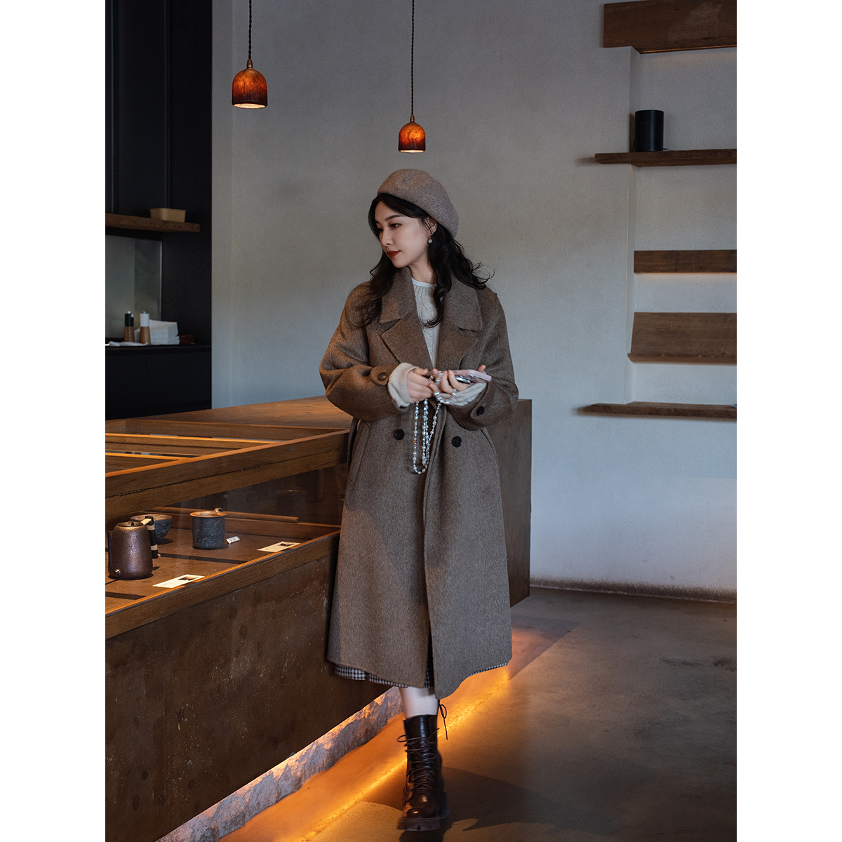 apipedream如一梦真丝牦牛绒绵羊毛平驳领双面呢大衣/日暮时分