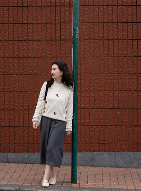 apipedream如一梦 圆领落肩蘑菇手工绣花针织羊毛套头衫/奶油蘑菇