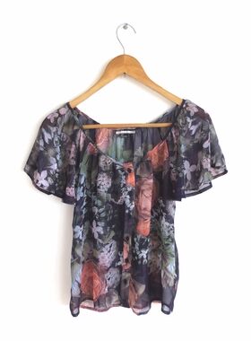 水墨花朵雪纺衫蝴蝶袖短袖衬衫