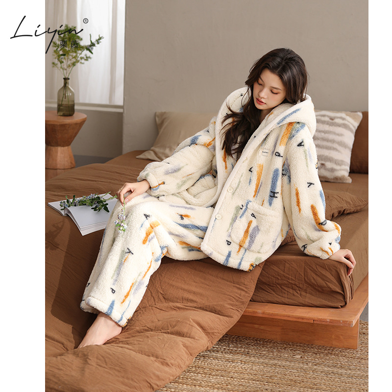 栗茵原创冬季舒棉绒韩系开衫女士睡衣保暖可外穿珊瑚绒家居服