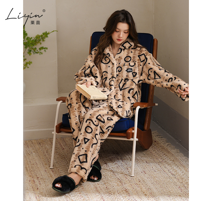 栗茵原创冬季舒棉绒韩系开衫女士睡衣保暖可外穿珊瑚绒家居服