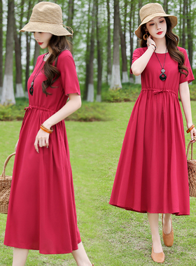 夏季气质纯色百搭棉绸系带收腰红色连衣裙子女洋气大码度假风长裙
