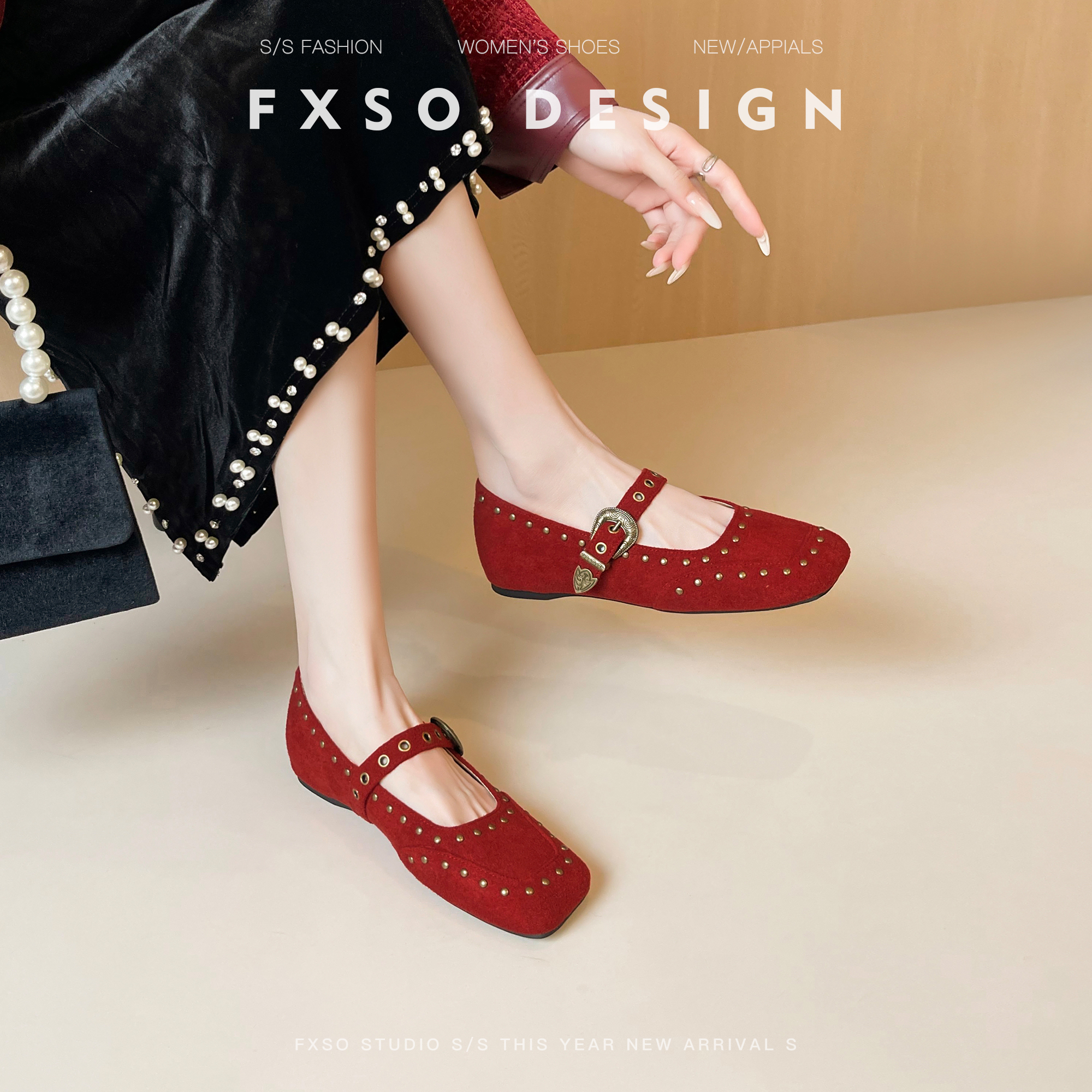 【方巷大叔】2025新复古风芭蕾舞单鞋法式铆钉方头浅口玛丽珍鞋女