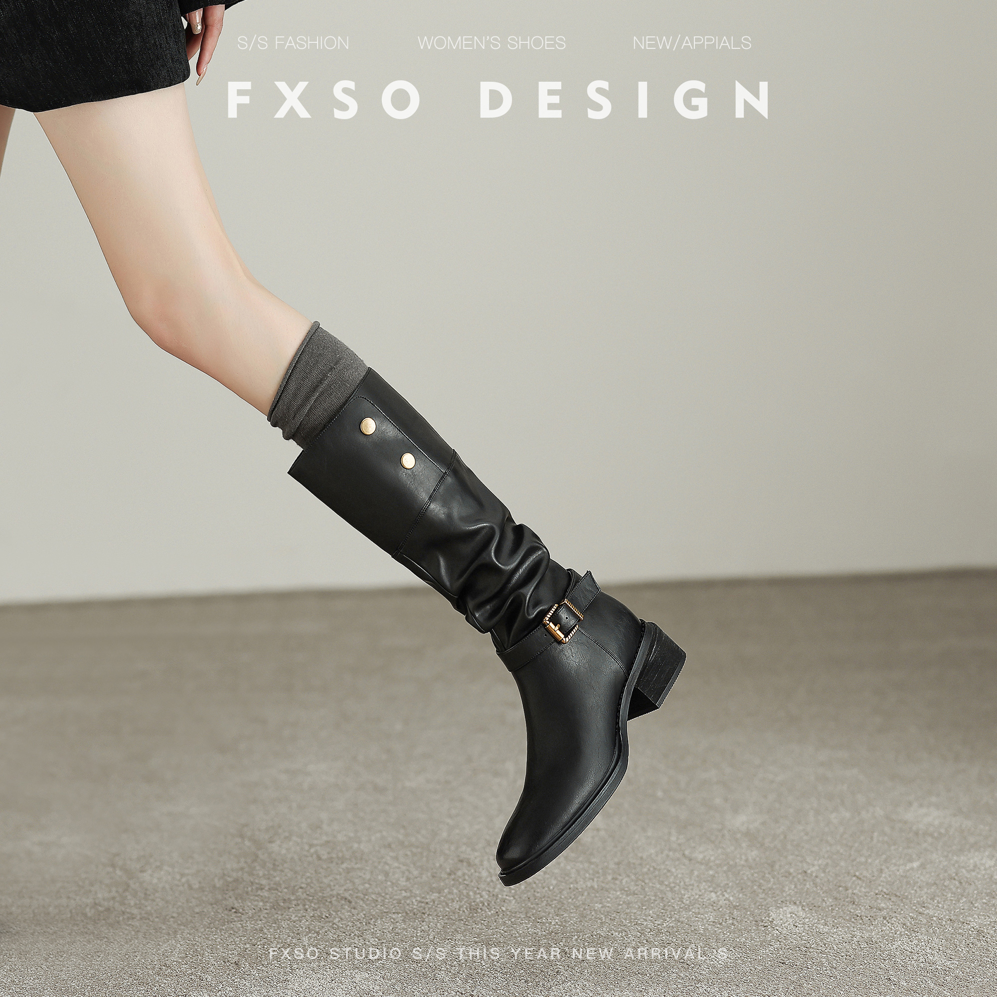 FXSO方巷复古翻折堆堆靴西部靴子