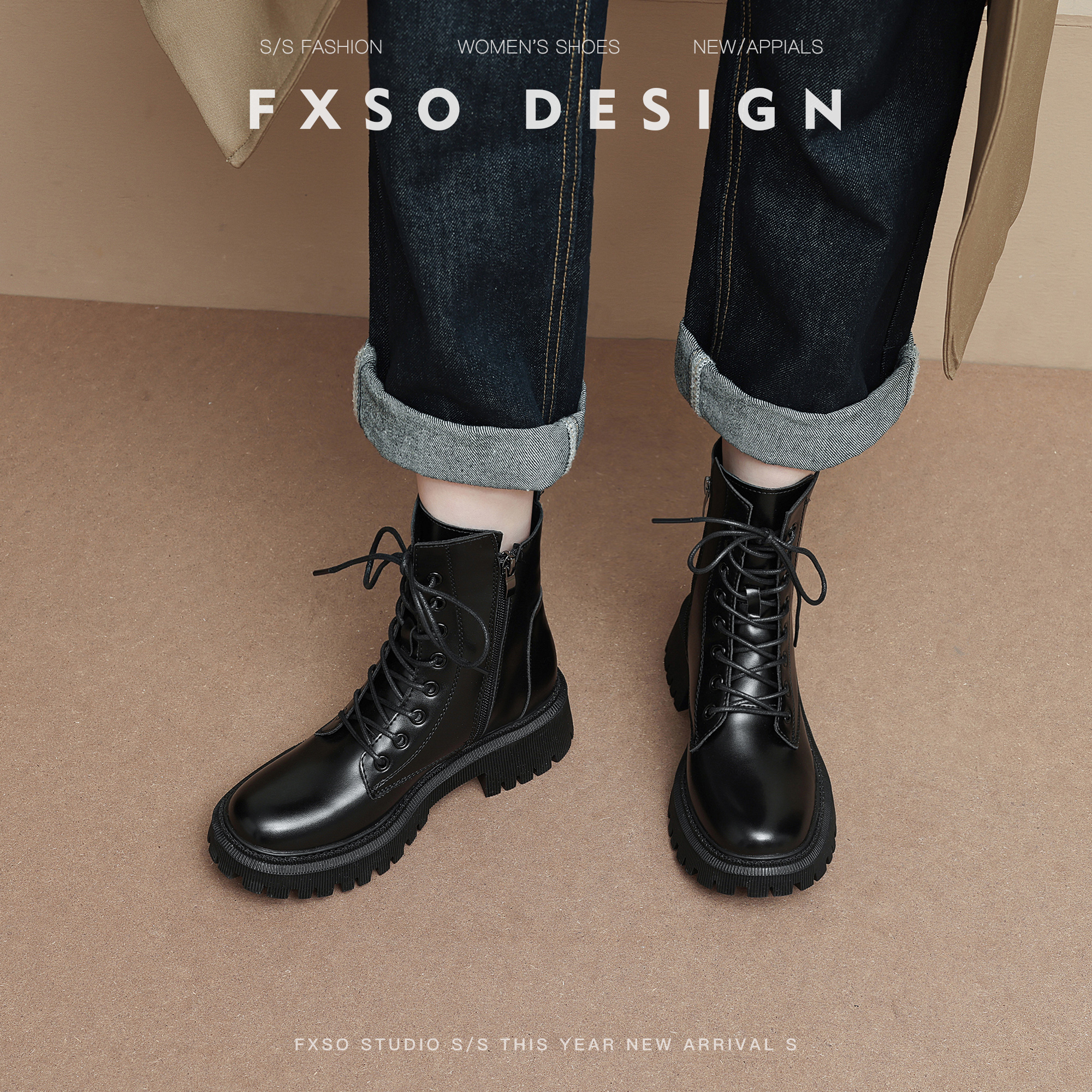 真皮【方巷大叔】短靴子2025冬新百搭圆头英伦风厚底绑带马丁靴女