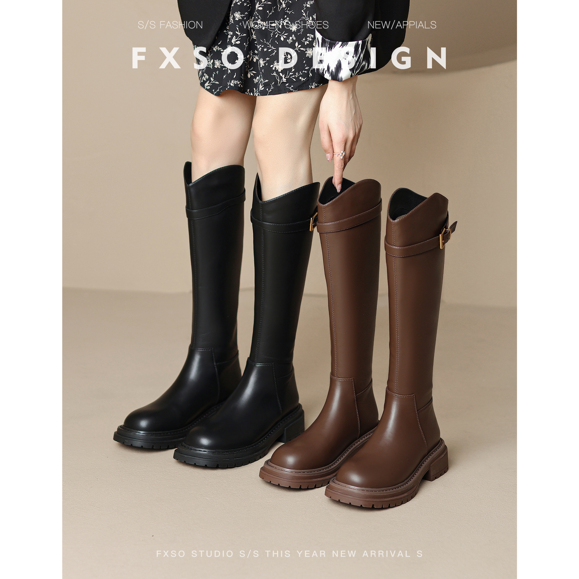 真皮爆款皮带扣小个子显瘦骑士靴