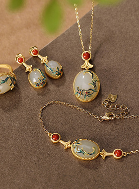 新款轻奢S925纯银镀金景泰蓝和田玉中国风藤蔓女士戒指耳钉手链吊