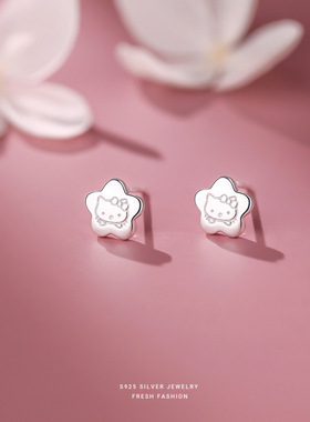 S925纯银极简凯蒂猫五角星耳钉女韩版ins设计感甜酷风星星耳骨钉