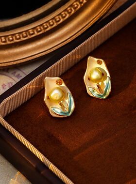 法式复古油画风银针耳环韩系时尚小众感淡水珍珠耳钉耳饰女生