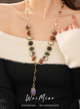 中古vintage树脂圆形几何菱形项链复古毛衣链轻奢感项饰