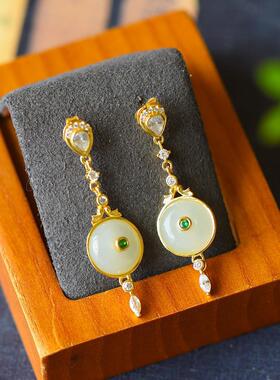 白玉镶嵌纯银镀金平安扣耳环显瘦气质耳坠小巧精致时尚女士耳钉
