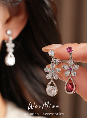 中古vintage镶锆石花朵水滴耳夹女无耳洞精致耳环轻奢感耳饰