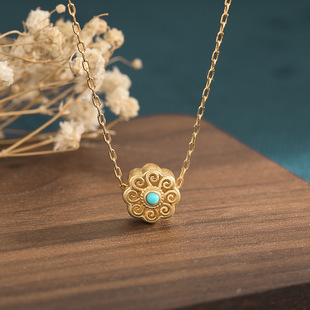 梅陇首饰货源中国风设计古法镀金镶嵌仿绿松石南红花卉挂坠项链女