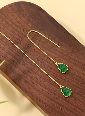 s925纯银新中式绿玉髓葫芦耳线女时尚小众设计感轻奢国风耳坠