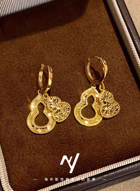 金色cnc碎冰冰双层葫芦吊坠耳环 2026新年爆款感纳福沙金耳饰