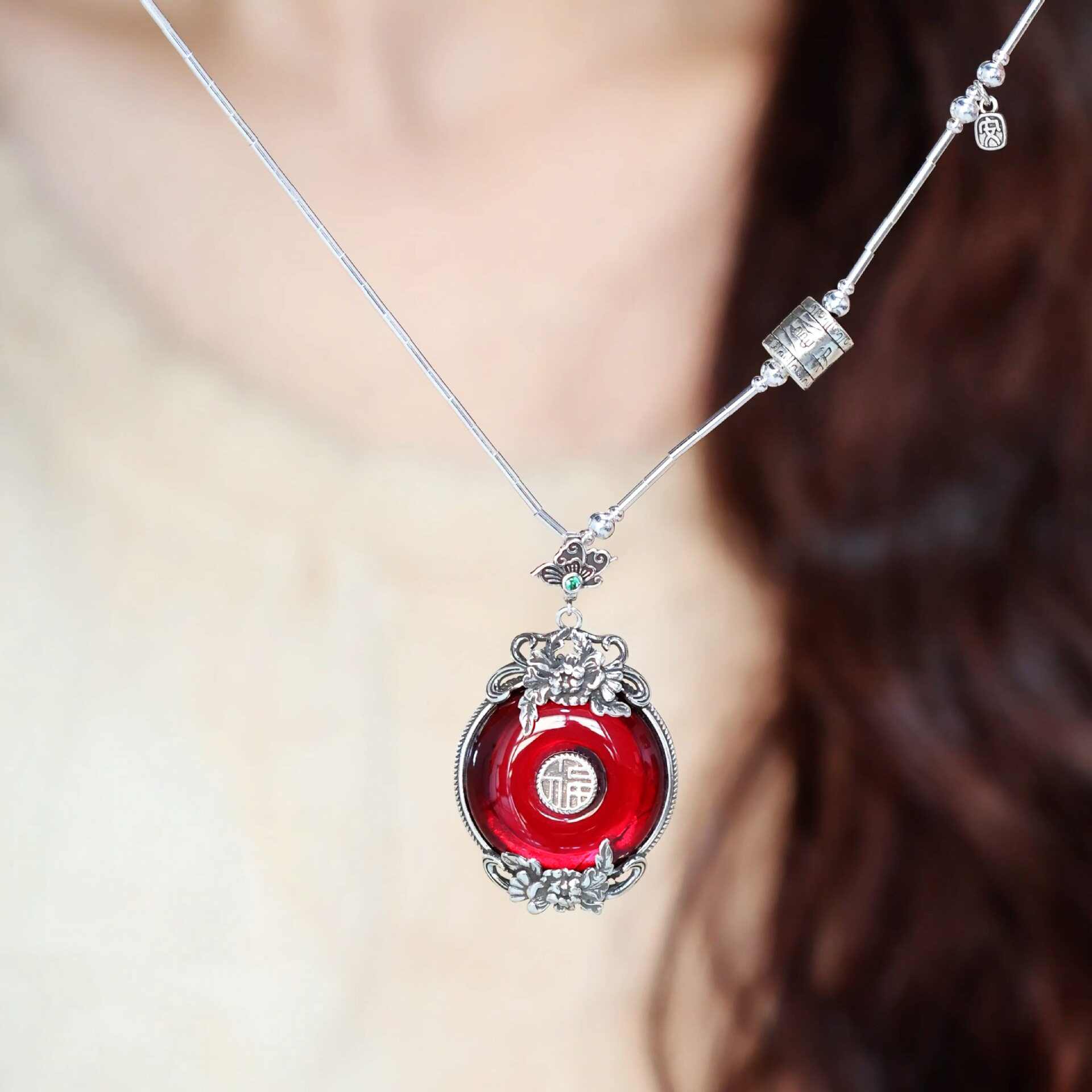 925银做旧民族风红玛瑙平安扣福字牡丹花项链吊坠复古新中式小众