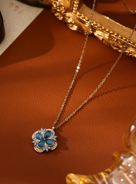 感四叶草镶钻项链女生冷淡风小众设计精致轻奢满钻海蓝锆项饰