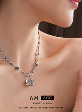 方块镶钻圆形花朵项链复古轻奢百搭毛衣链潮流个性冷淡风项饰