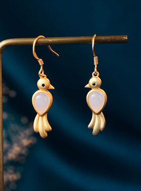 网红直播供货古法金工艺森系ins女生耳饰仿和田玉喜鹊小鸟耳环