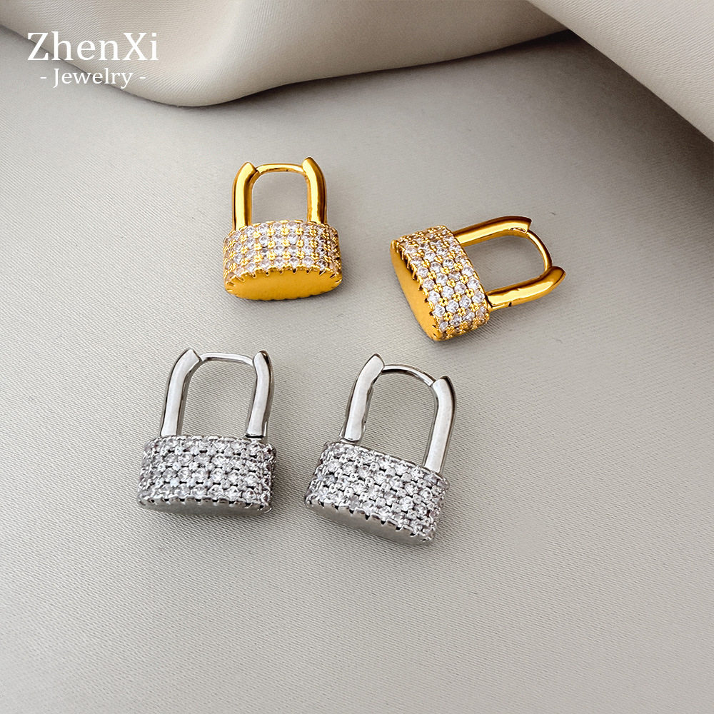 复古风流行满钻u形锁耳扣 创意几何立体门锁耳环轻奢感耳饰女