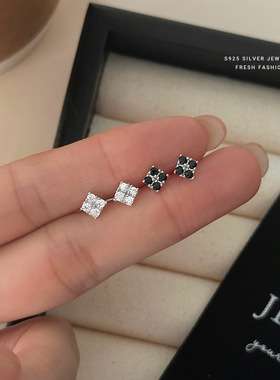 S925纯银锆石方块耳钉女时尚小众设计韩版ins百搭几何方糖耳骨钉