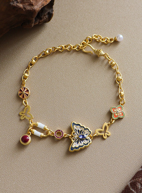 原创时尚精致镂空彩色滴油花朵蝴蝶手链轻奢小众感复古手饰女