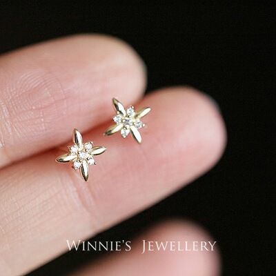 925纯银镀14K黄金白金耳钉镶嵌锆钻石简约精致迷你耳钉日韩OL风格