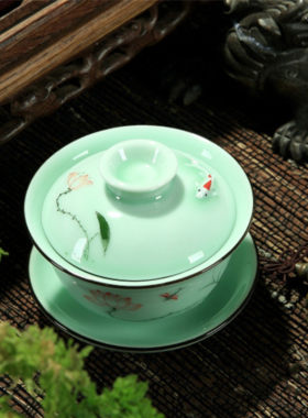 青瓷加厚荷花鲤鱼茶备包邮盖碗