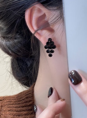 925银针耳饰 D709黑色流苏耳钉小众轻奢百搭饰品
