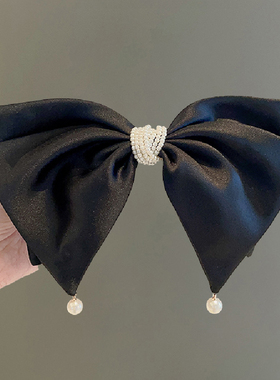【原版】高级感缎面气质蝴蝶结珍珠弹簧夹黑色后脑勺马尾发夹头饰