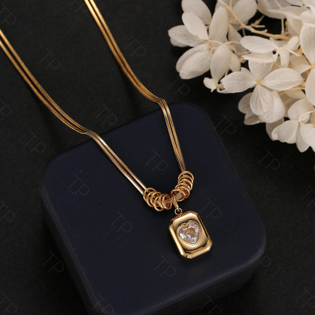 不锈钢项链 设计感双层链条方牌爱心项链气质精致小众长款毛衣链