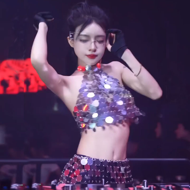 酒吧DS演出服女DJ领舞台性感辣妹银色流苏亮片爵士舞夜店服装