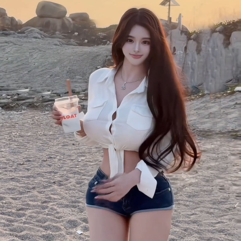 海边写真拍照性感纯欲白色翻领长袖衬衫女收腰绑带显瘦辣妹上衣女