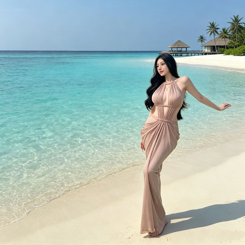 海南三亚度假沙滩海边轻奢挂脖连衣裙女收腰长裙度假风名媛气质裙