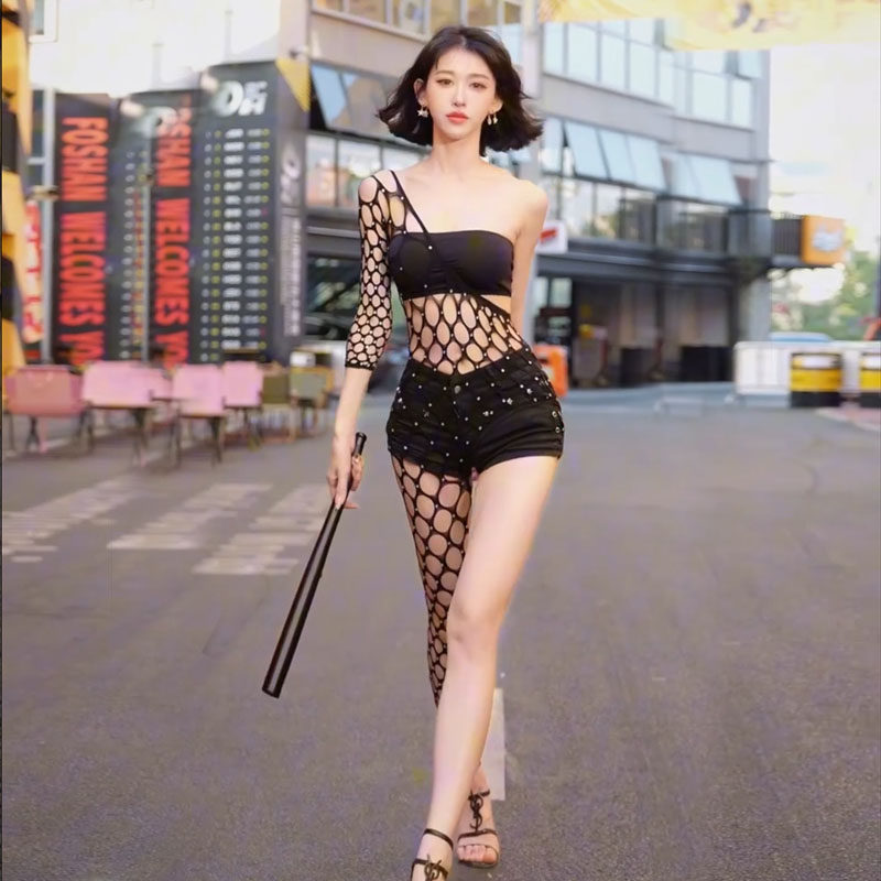 性感街头风镂空透视连体衣女高腰渔网紧身衣辣妹穿搭写真酒吧演出