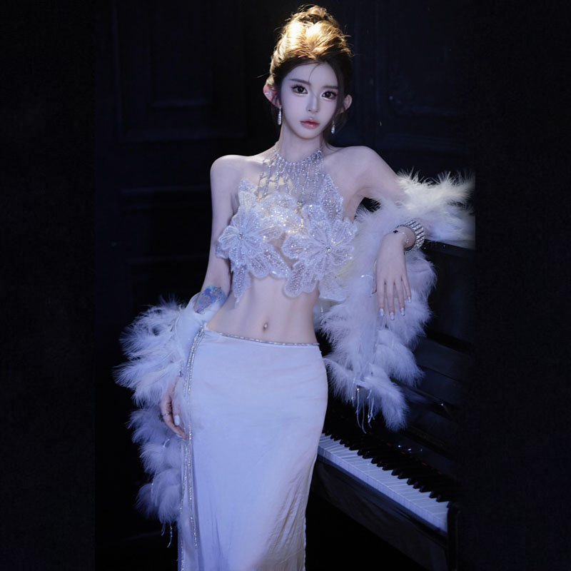 写真拍照海边度假华丽风立体花朵钻露背两件套女春季白色礼服套装
