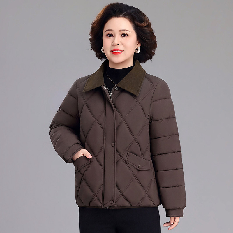 女中老年菱格翻领短款保暖棉服