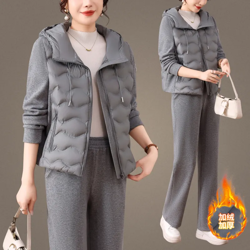 加厚保暖连帽棉服套装女妈妈装