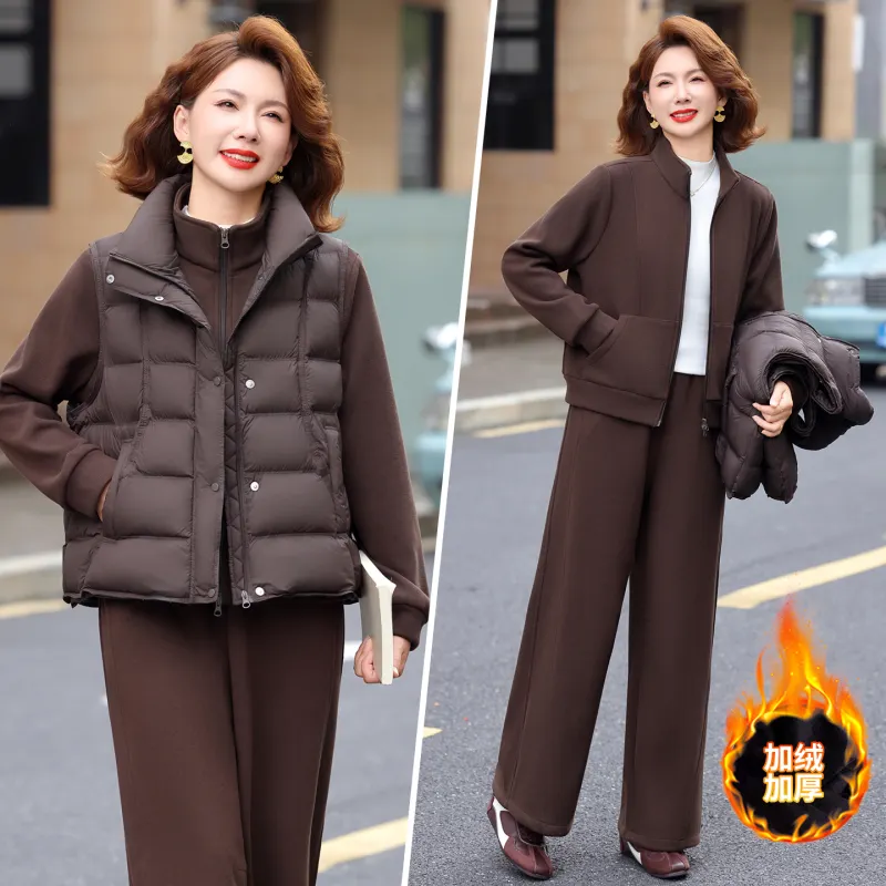 冬季加绒加厚保暖立领女棉服三件