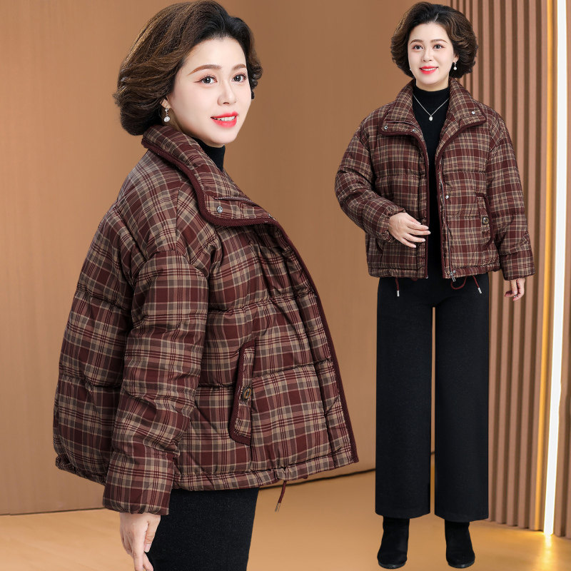2025新款格纹棉服女中老年妈妈装加厚保暖短款棉衣外套