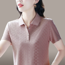 polo领冰丝短袖t恤女装2024新款年轻妈妈夏装上衣翻领天丝针织衫