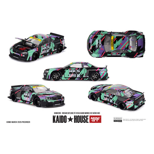 KAIDO MINIGT 1:64 日产尼桑GTR R34 HKS涂装 合金开盖汽车模型