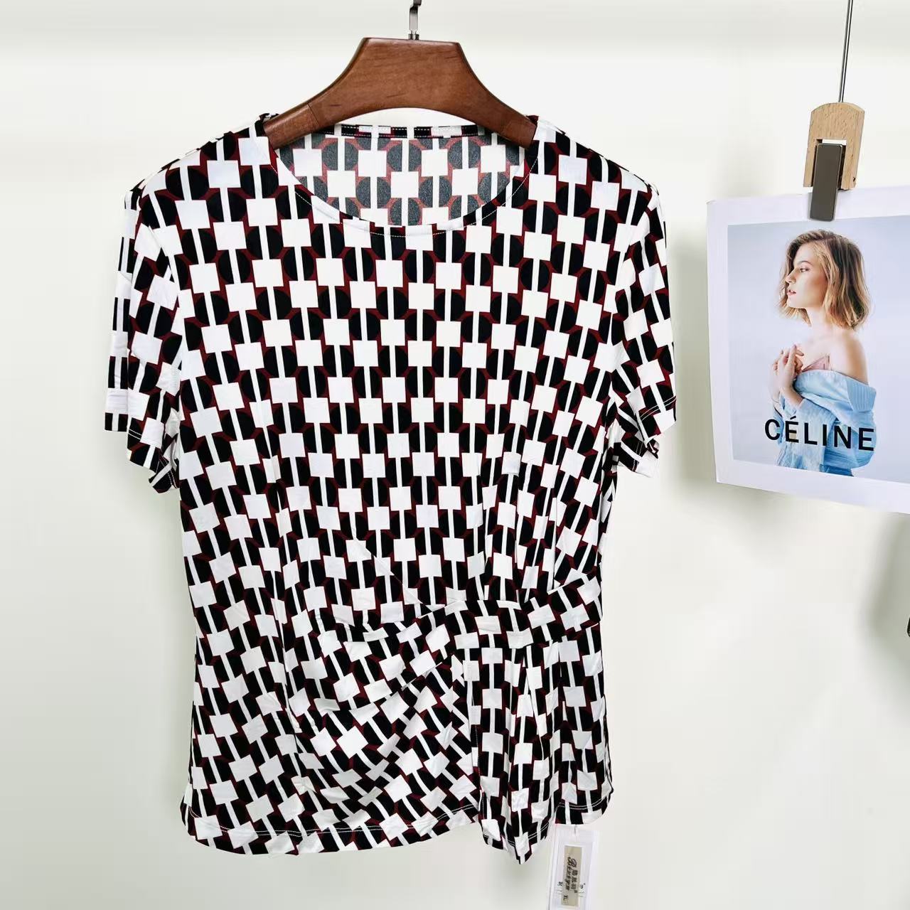 米瑞多娜 格纹印花 圆领真丝针织短袖100%桑蚕丝 女上衣2507