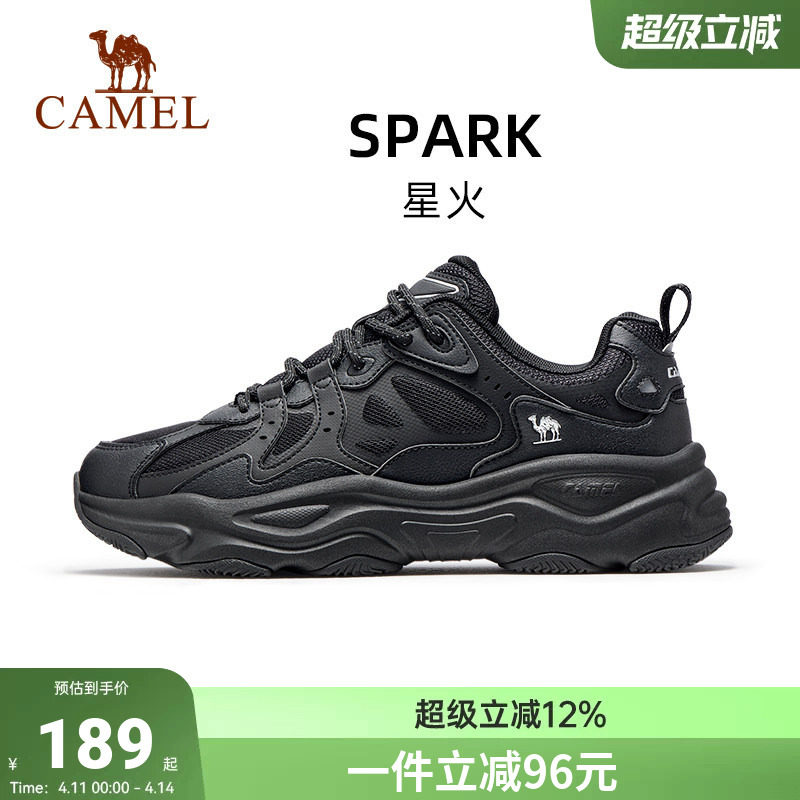 骆驼星火老爹鞋女鞋网面休闲鞋运动鞋厚底透气黑色鞋子女款跑步鞋