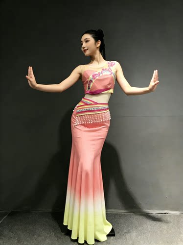 新款女艺考剧目春述同款少数民族舞蹈服少儿傣族粉笠群舞般般入画