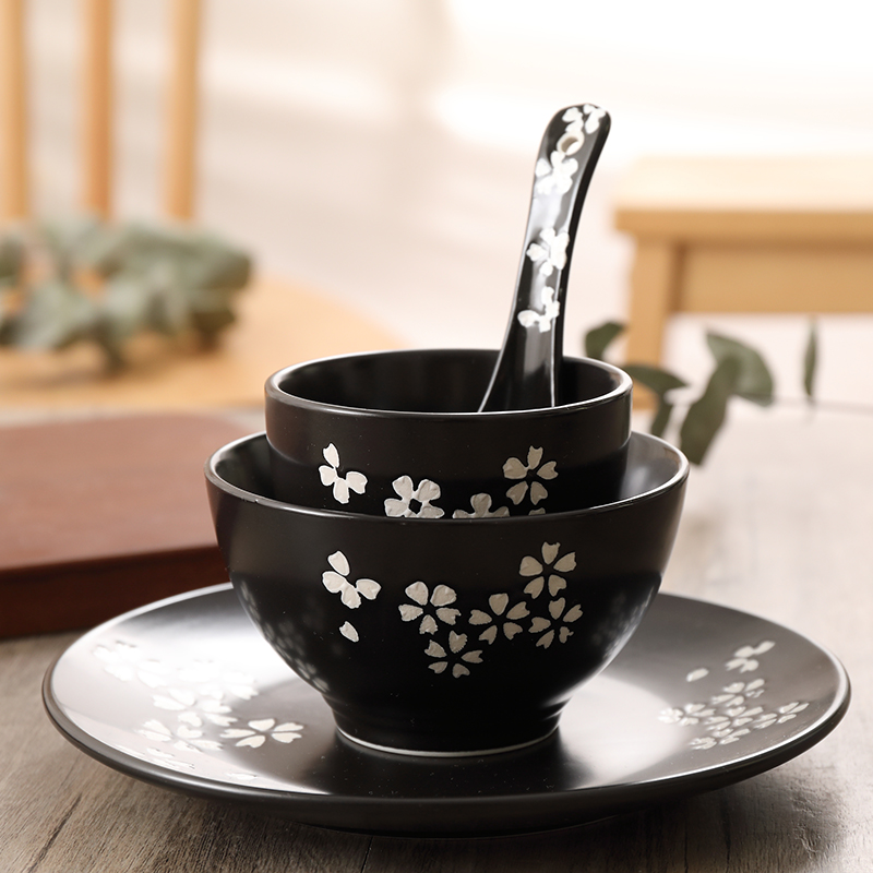 陶瓷日本餐具黑色小吃盘米饭碗
