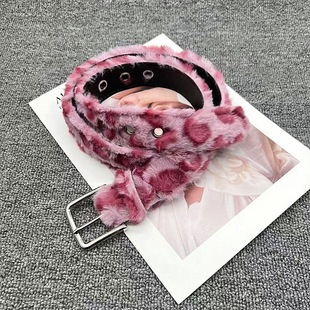 新款毛绒豹纹腰带女时尚百搭装饰牛仔裤带个性创意毛茸茸皮带配饰