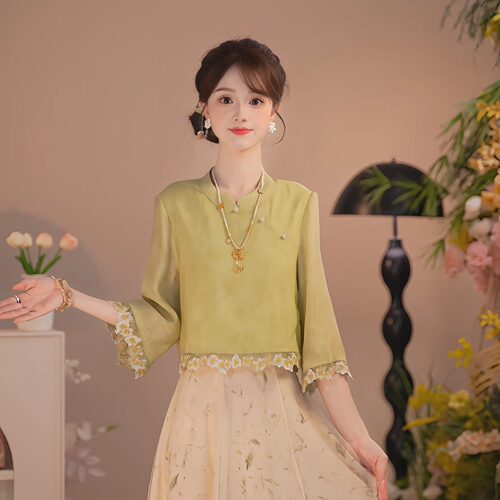 瑶西绿棠花雨汉服上衣刺绣纱裙