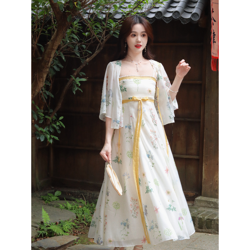 瑶西【与花时】女夏吊带百花印花新中式开衫汉服连衣裙套装