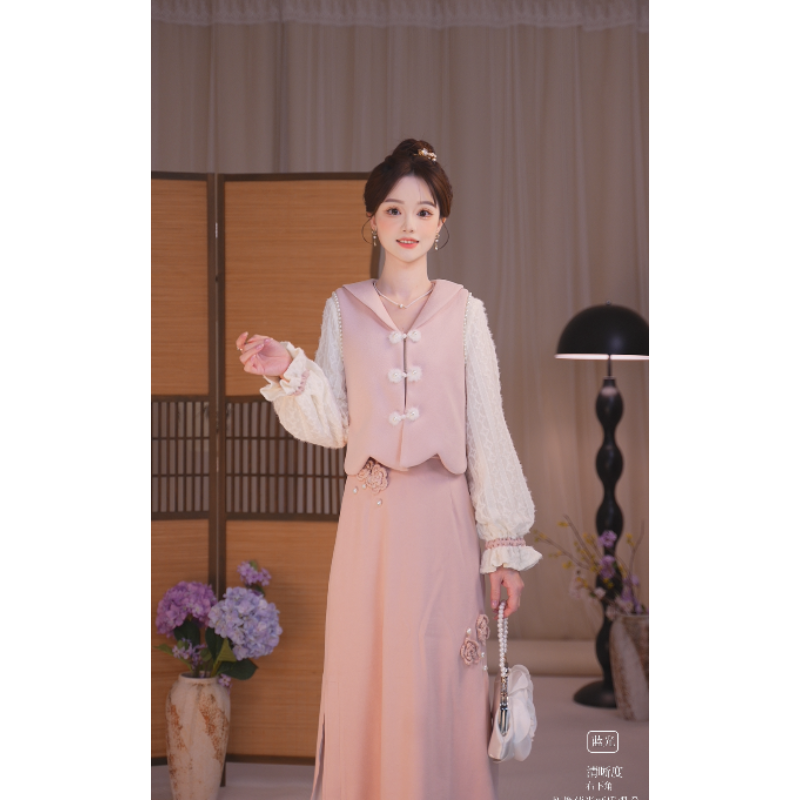 瑶西【花晨粉夕】新中式盘扣马甲刺绣蝴蝶长袖立体花朵长裙汉服